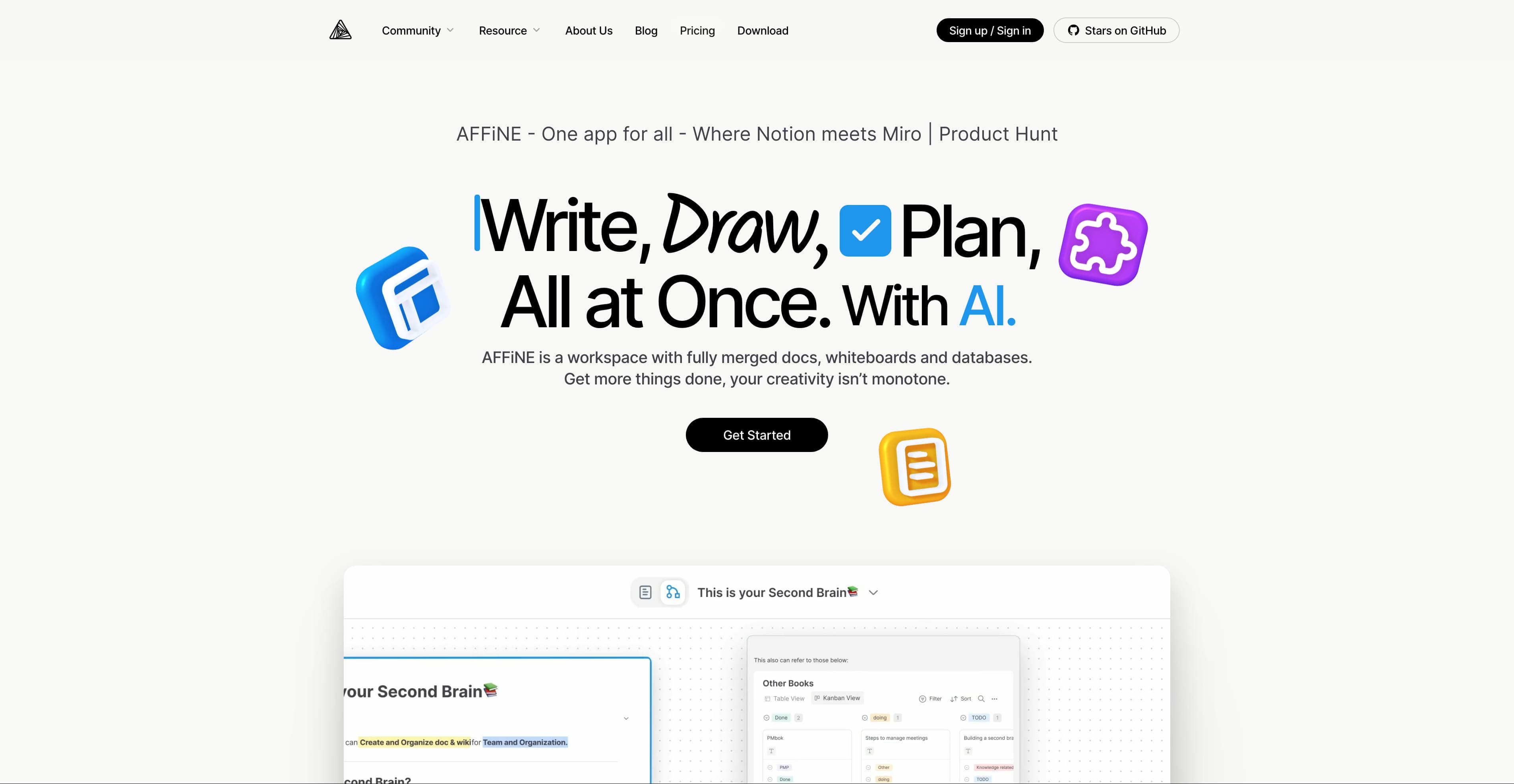 AFFINE main dashboard interface with document editor and whiteboard capabilities