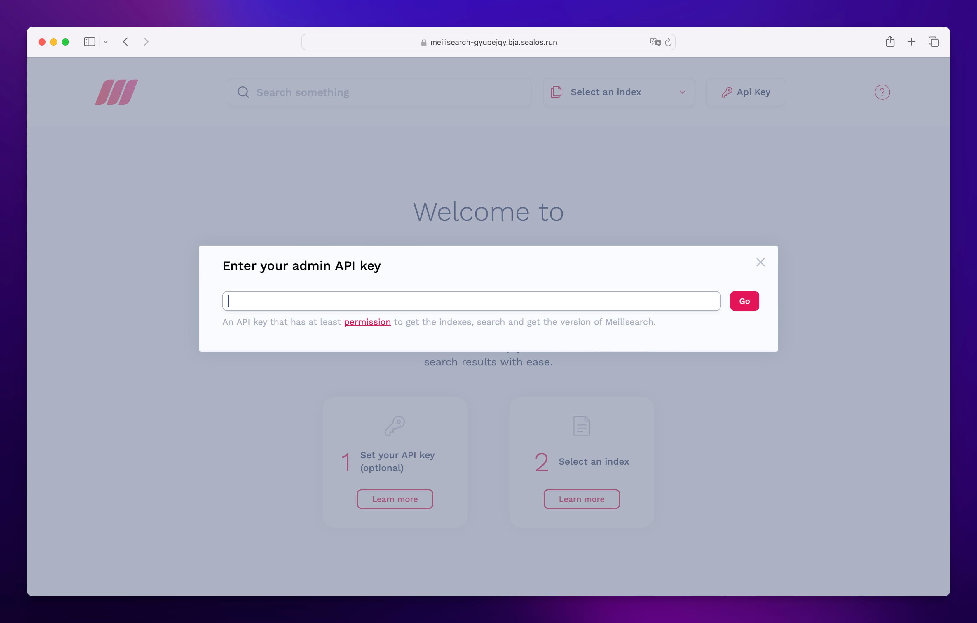 Meilisearch login screen prompting for the master key