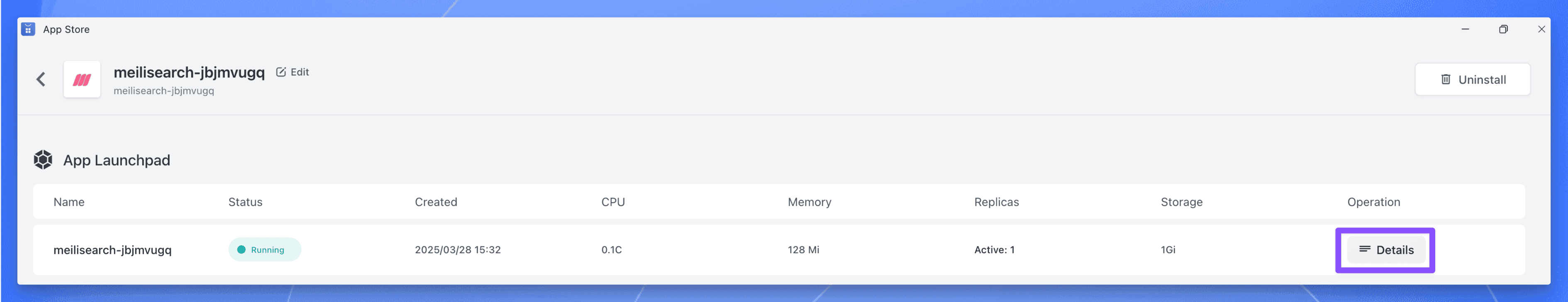 Meilisearch application details page on Sealos