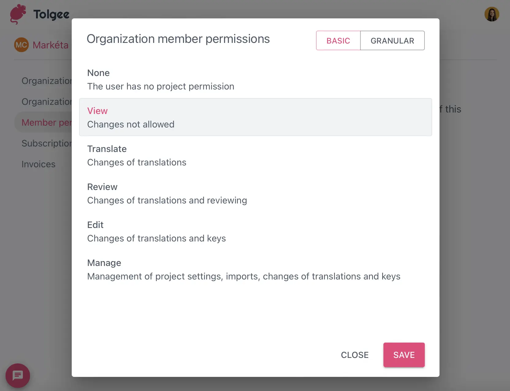 Tolgee Organization Member Permissions